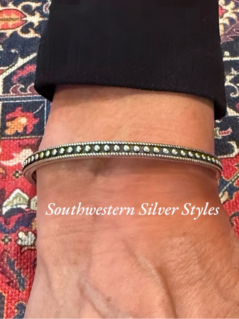 Vintage Southwestern Tribal Style Oxidized Sterling Silver Thin Cuff Bracelet